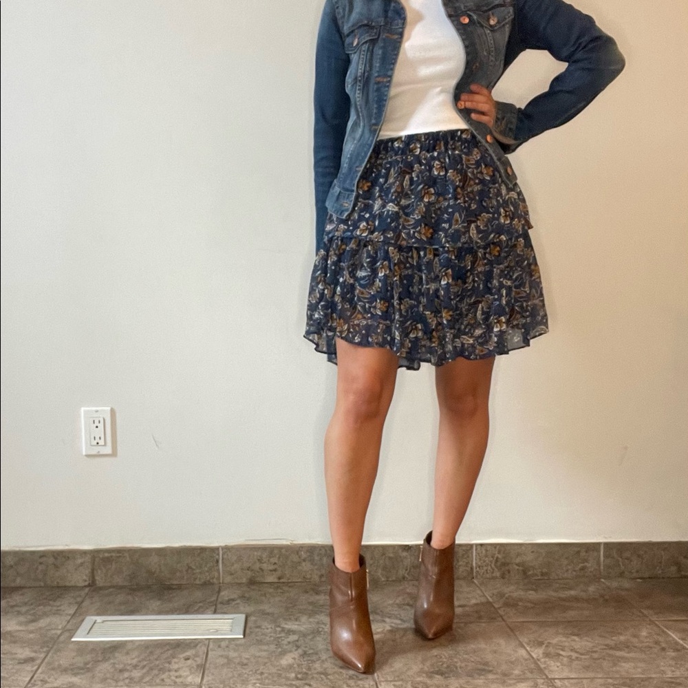 DREW Navy Ruffled Floral Mini Skirt